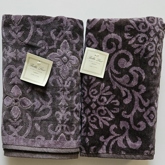Bella Lux Fine Linen 100% cotton Floral Paisley Eggplant Brown Bath towels × 2 - Picture 1 of 8